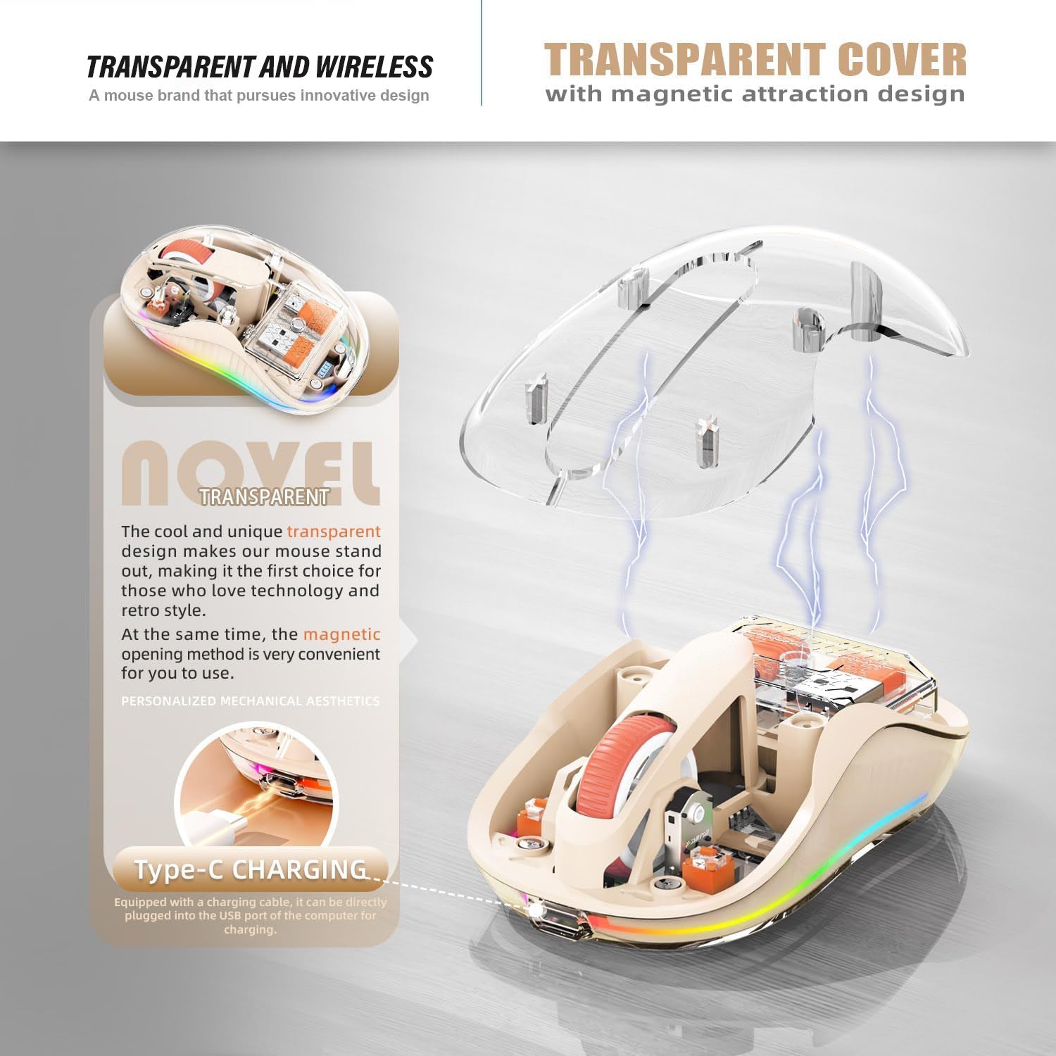 Transparent Wireless Mouse, Dual Bluetooth & 2.4GHz for Multi Device, USB-C Receiver Ideal for MacBook/Laptops, Rechargeable, Cool LED