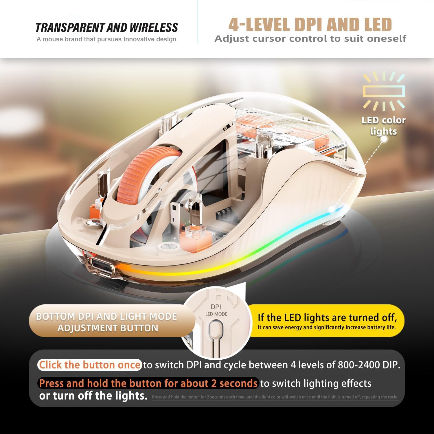 Transparent Wireless Mouse, Dual Bluetooth & 2.4GHz for Multi Device, USB-C Receiver Ideal for MacBook/Laptops, Rechargeable, Cool LED