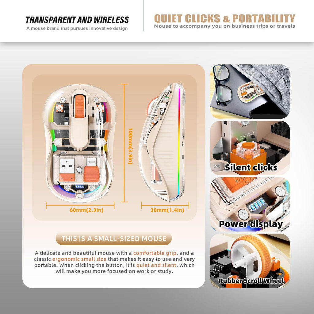 Transparent Wireless Mouse, Dual Bluetooth & 2.4GHz for Multi Device, USB-C Receiver Ideal for MacBook/Laptops, Rechargeable, Cool LED