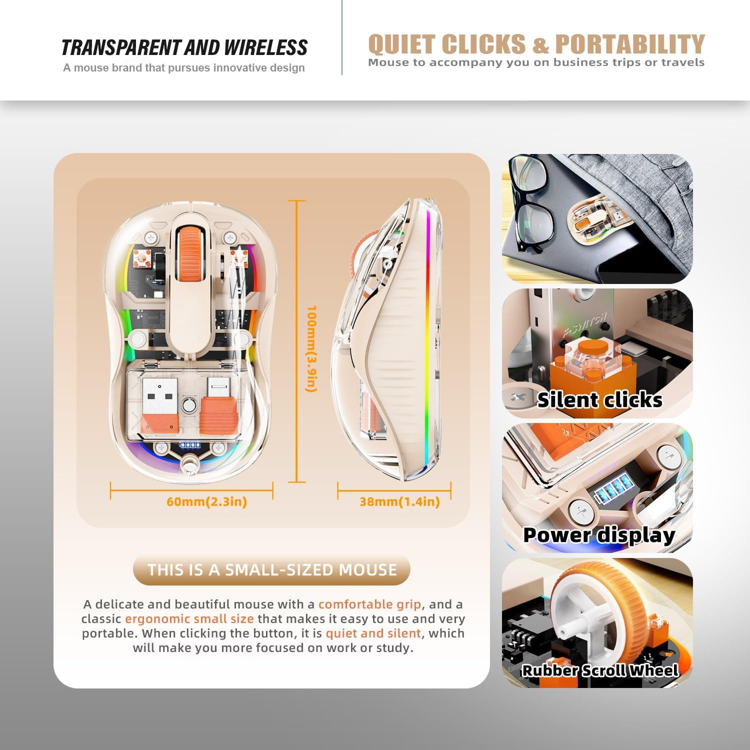 Transparent Wireless Mouse, Dual Bluetooth & 2.4GHz for Multi Device, USB-C Receiver Ideal for MacBook/Laptops, Rechargeable, Cool LED