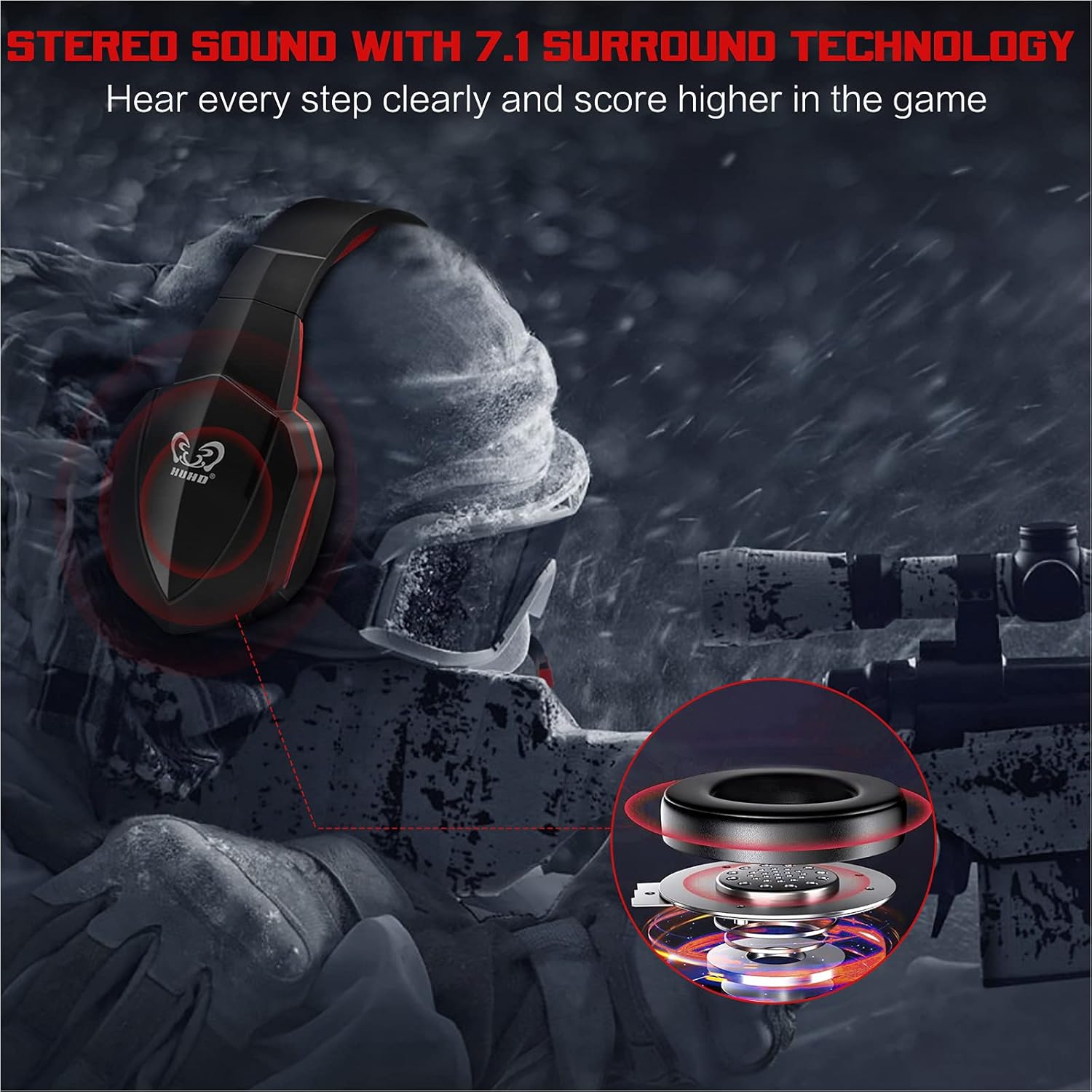 HUHD Wireless Gaming Headset for PS5 PS4 Nintendo Switch PC Laptop, Wireless Headset Over Ear 2.4GHz USB Connection Gaming Headphone with 7.1 Surround Sound & Detachable Microphone