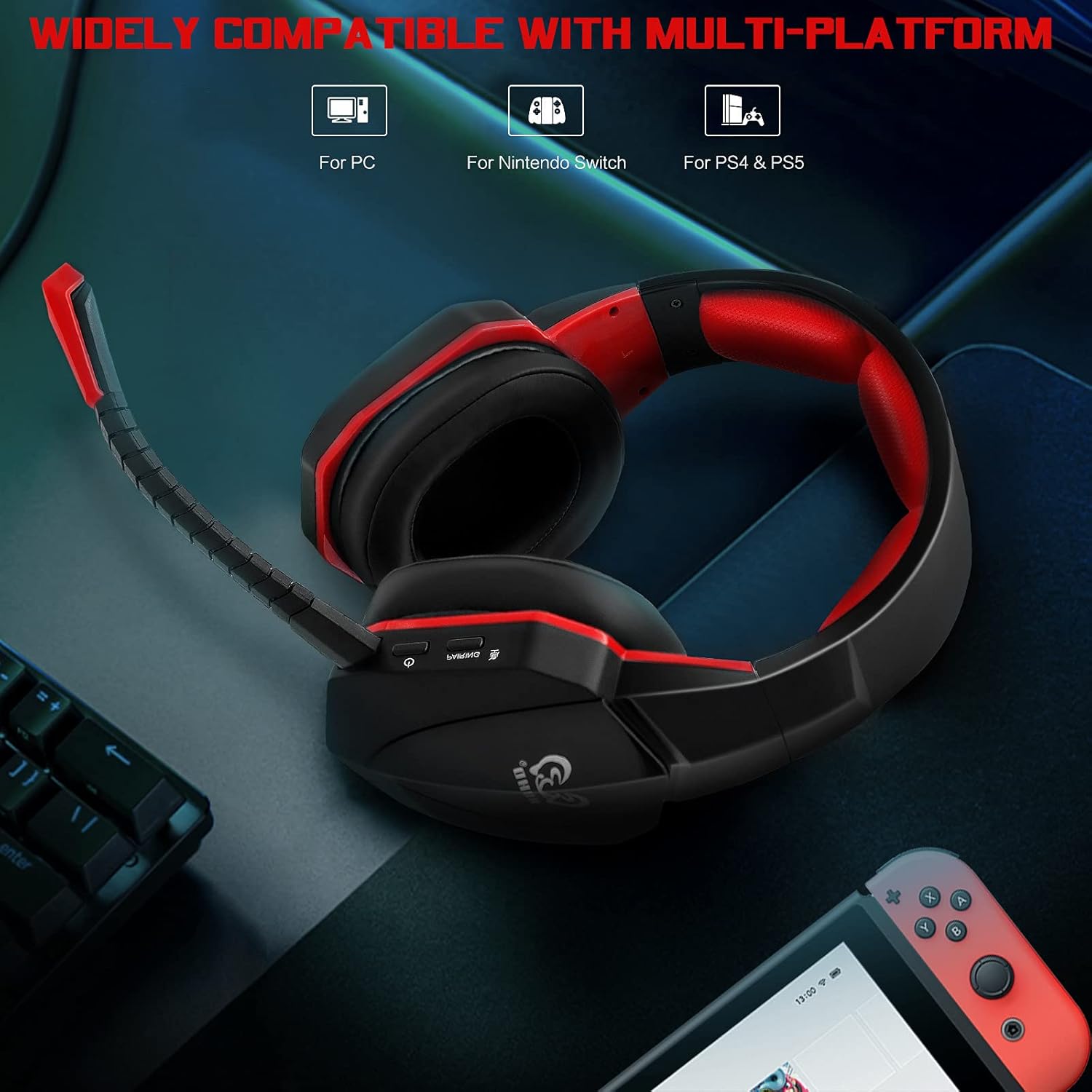 HUHD Wireless Gaming Headset for PS5 PS4 Nintendo Switch PC Laptop, Wireless Headset Over Ear 2.4GHz USB Connection Gaming Headphone with 7.1 Surround Sound & Detachable Microphone